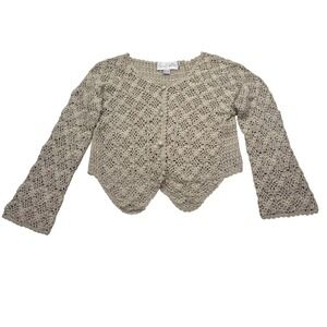 VTG Jon Christy Hand Crocheted Cotton Cardigan Sweater Beige Boho Modern M READ